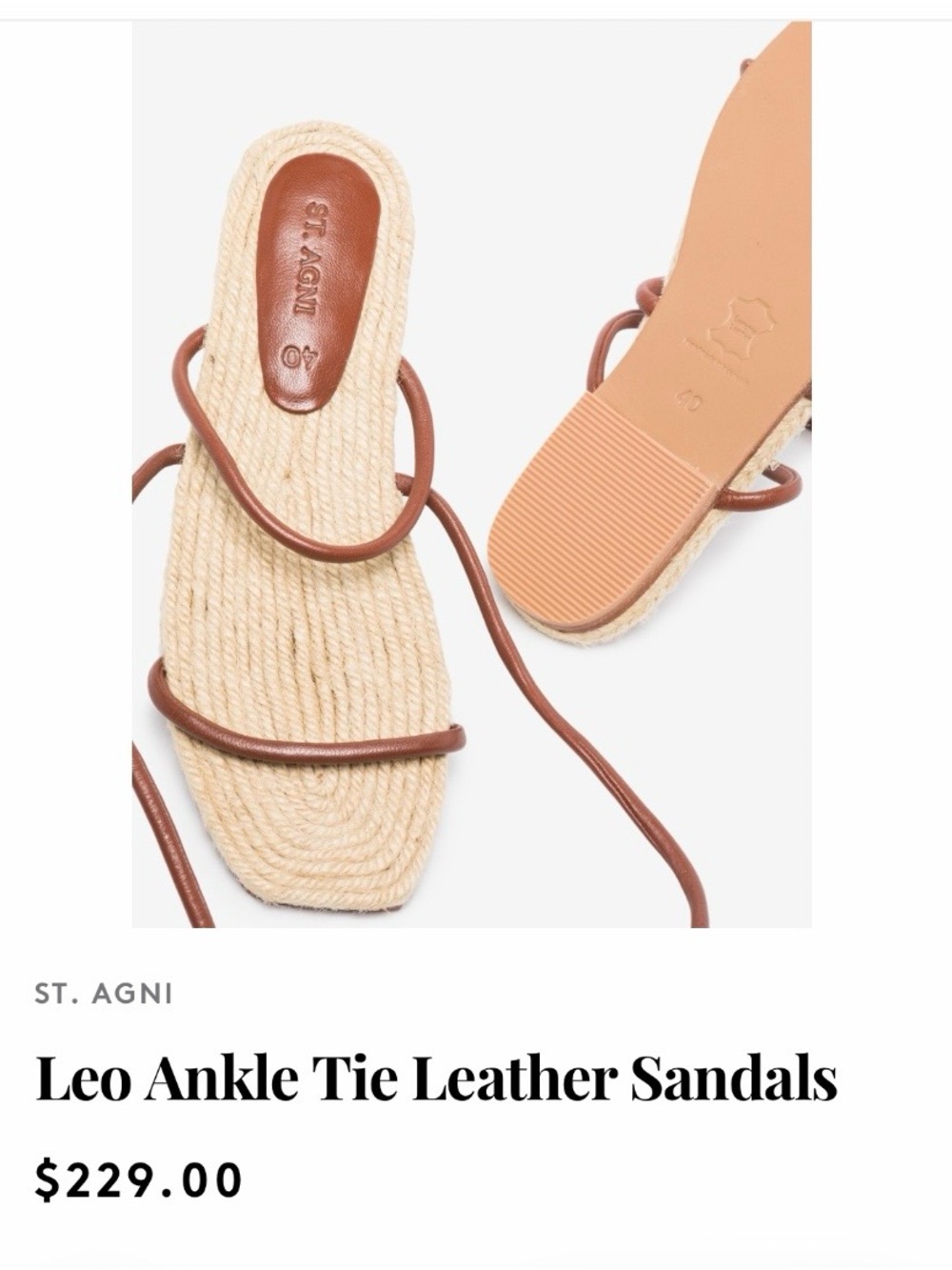 St. Agni Slim-Strap Ankle-Tie Sandals in Brown and Natural